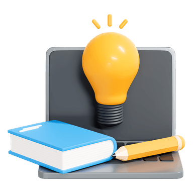 Ilustración de laptop, libro y bombilla representando conocimiento